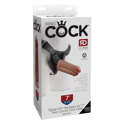 King Cock 绑带式仿真悦享名器，双阳具单孔，7 英寸
